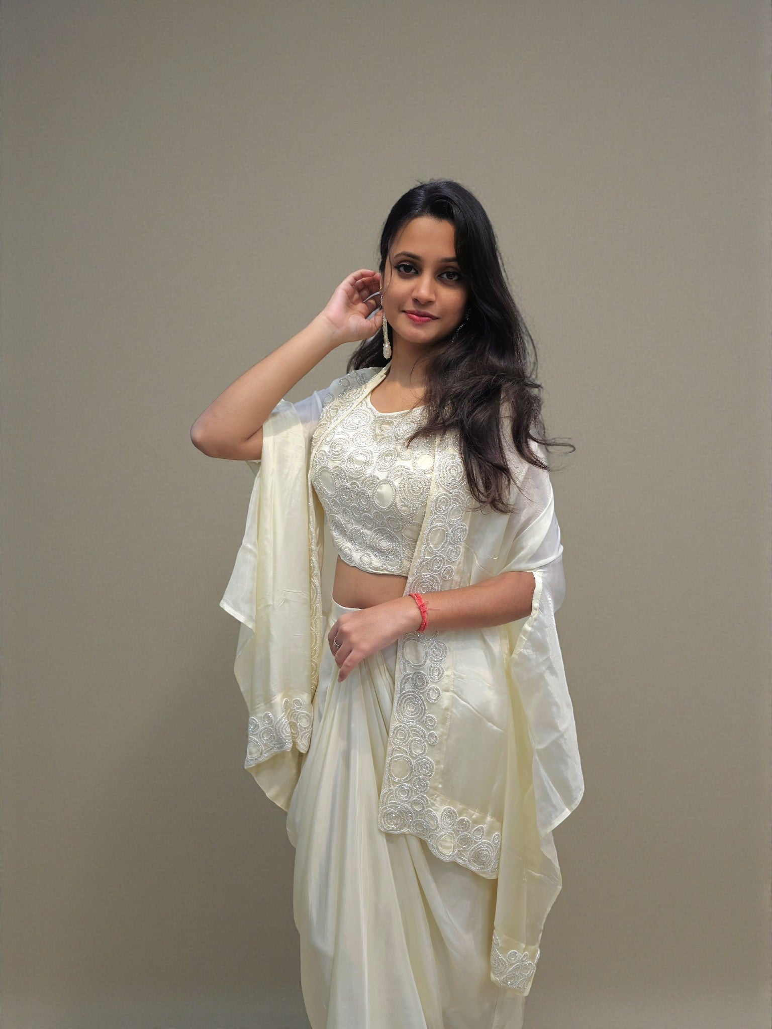 Women’s embroidered cape set with crop top and draped dhoti skirt