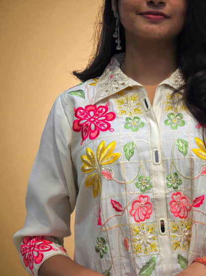 stylish mul-chanderi co-ord set with floral embroidery for women – Ambika Boutique fashion