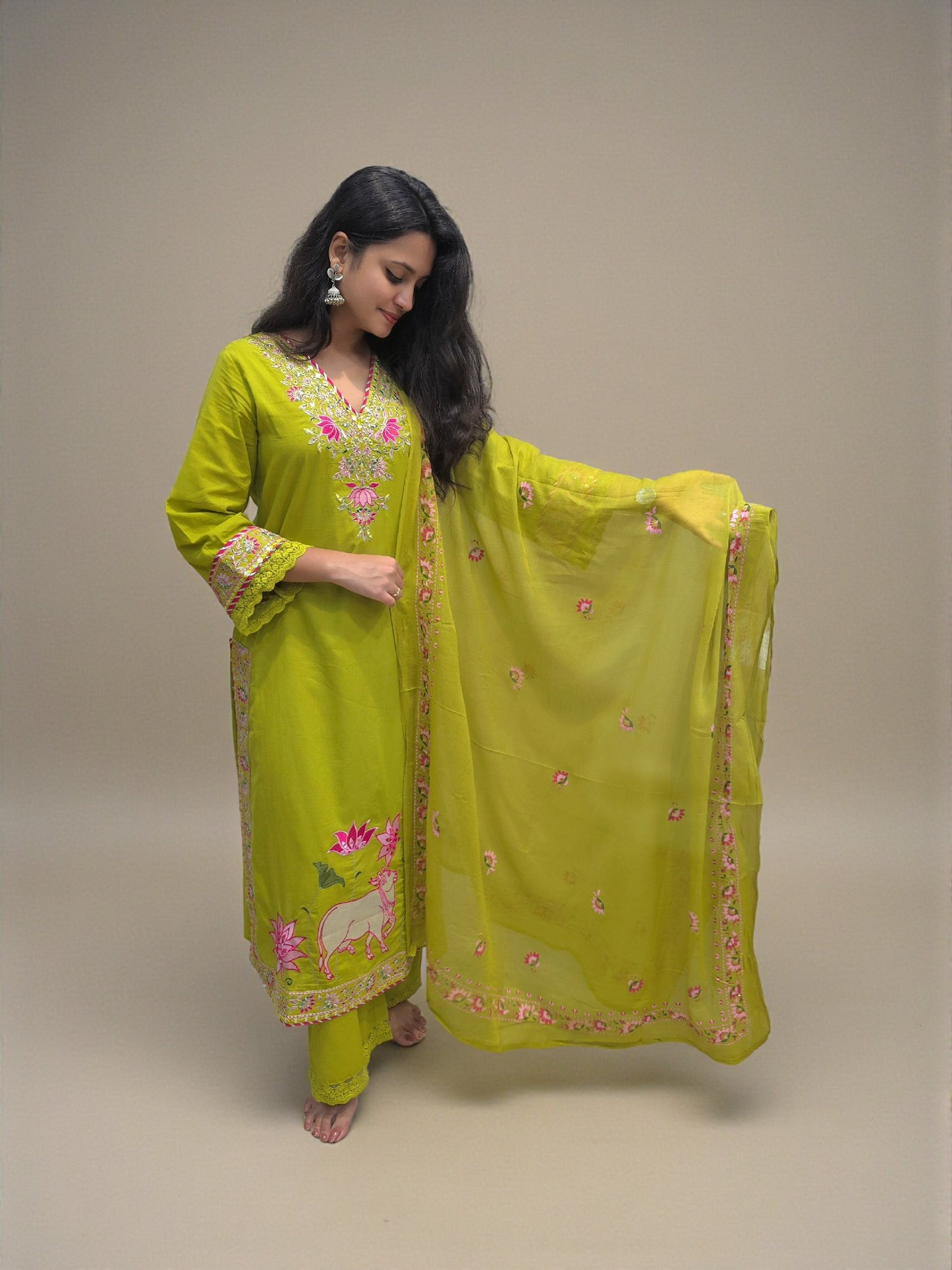 Embroidered fancy cotton kurta set with matching pants and dupatta