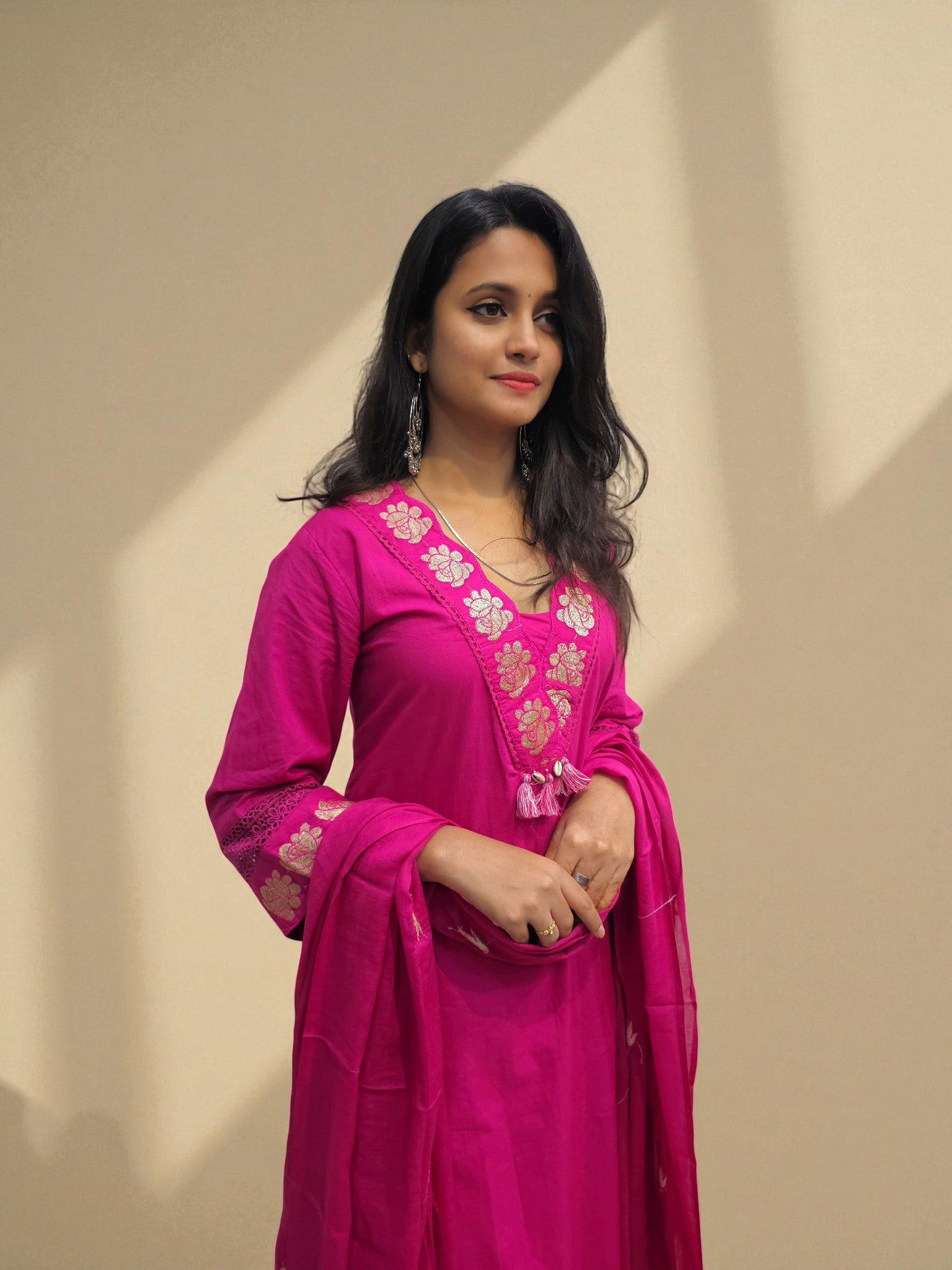 Pure cotton embroidered pink kurta and palazzo set for office wear
