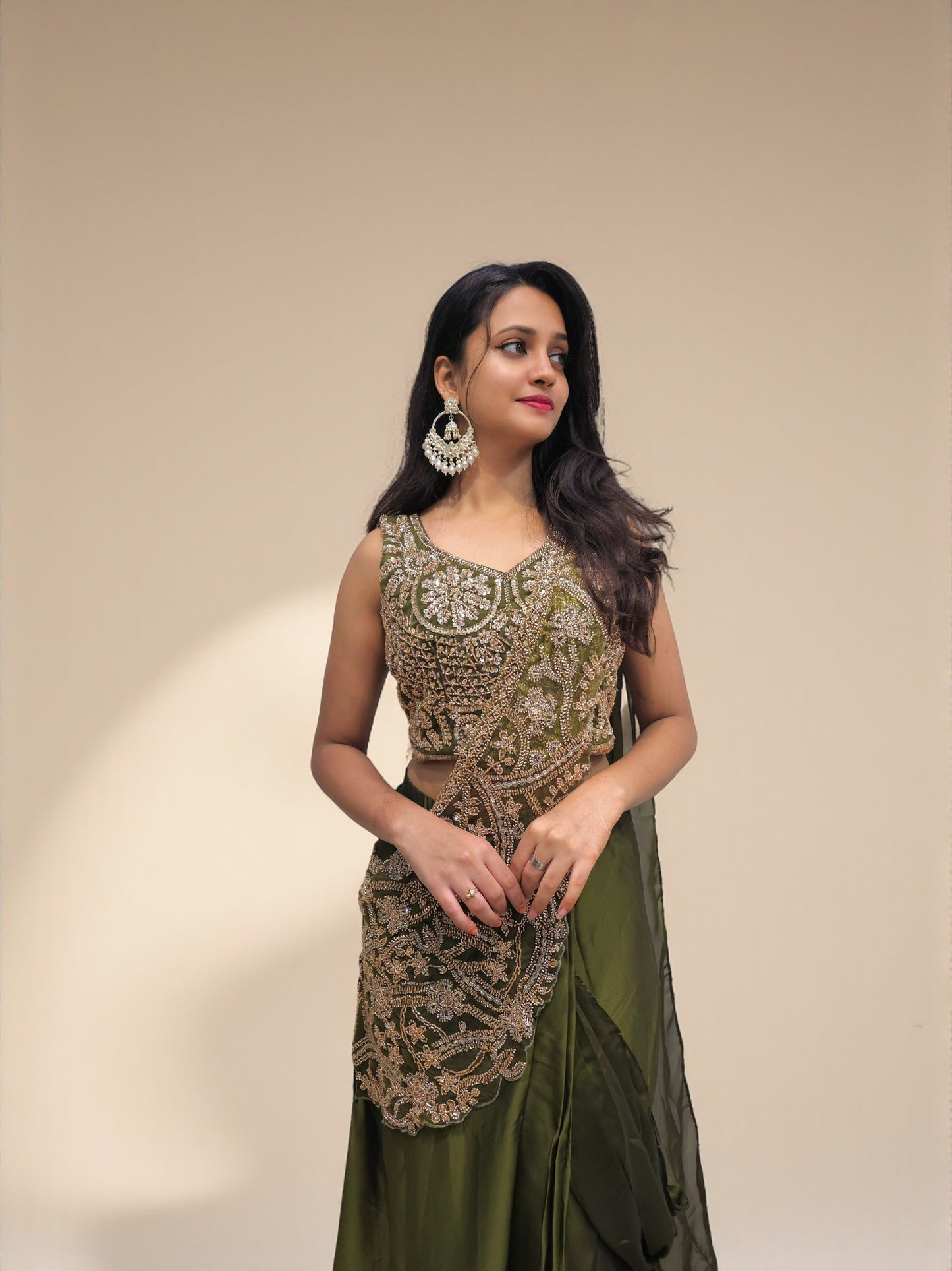 Luxury mehendi green crop top drape skirt party wear