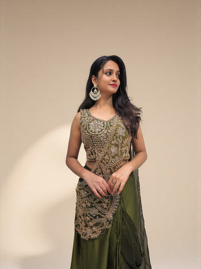 Luxury mehendi green crop top drape skirt party wear
