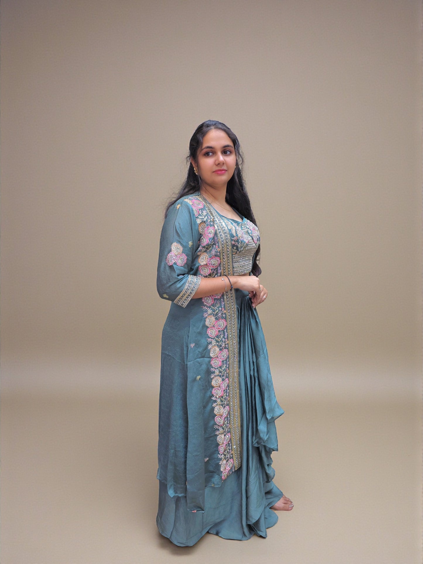 Designer indo western teal dhoti skirt set for women