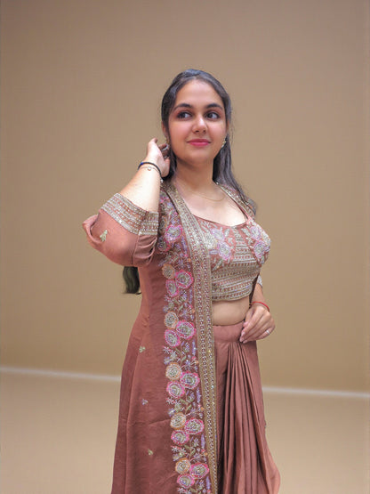 Designer rust indo western dhoti skirt set for women