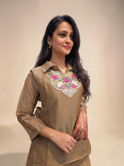 Women's festive three piece cord set with embroidered detailing