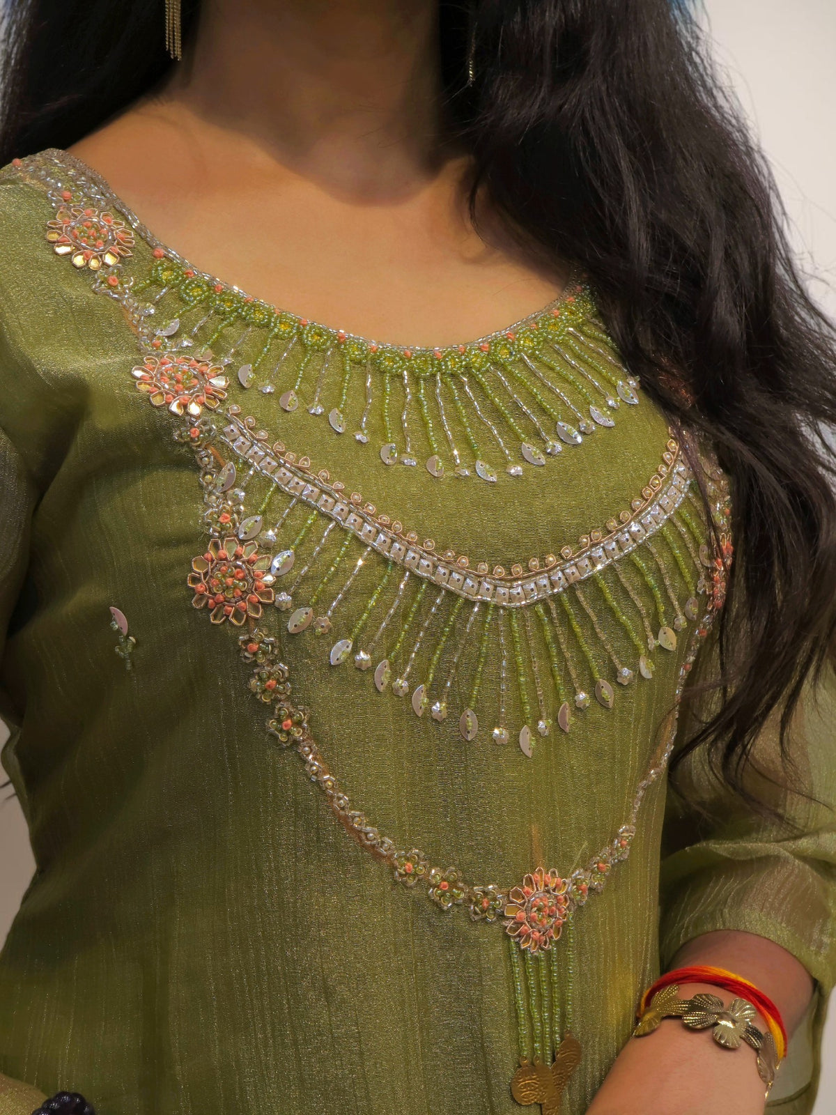 Elegant olive green co ord outfit with intricate handwork detailing