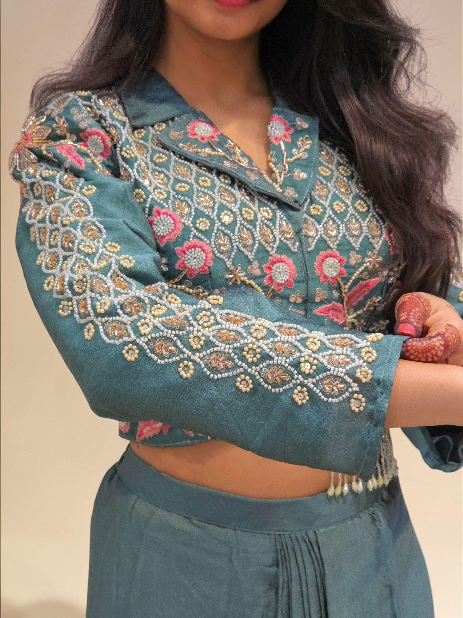 Pre wedding mehendi outfit crop top and dhoti skirt