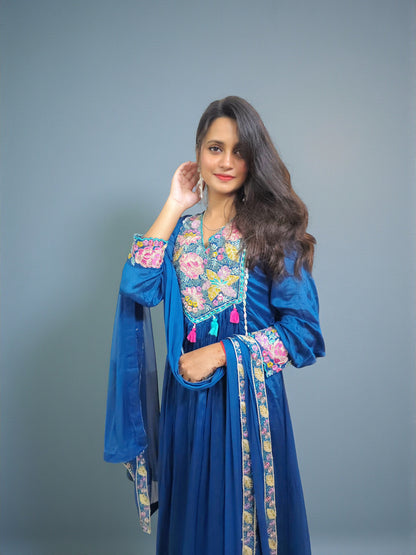 Designer embroidered chinnon silk kurta with chiffon dupatta