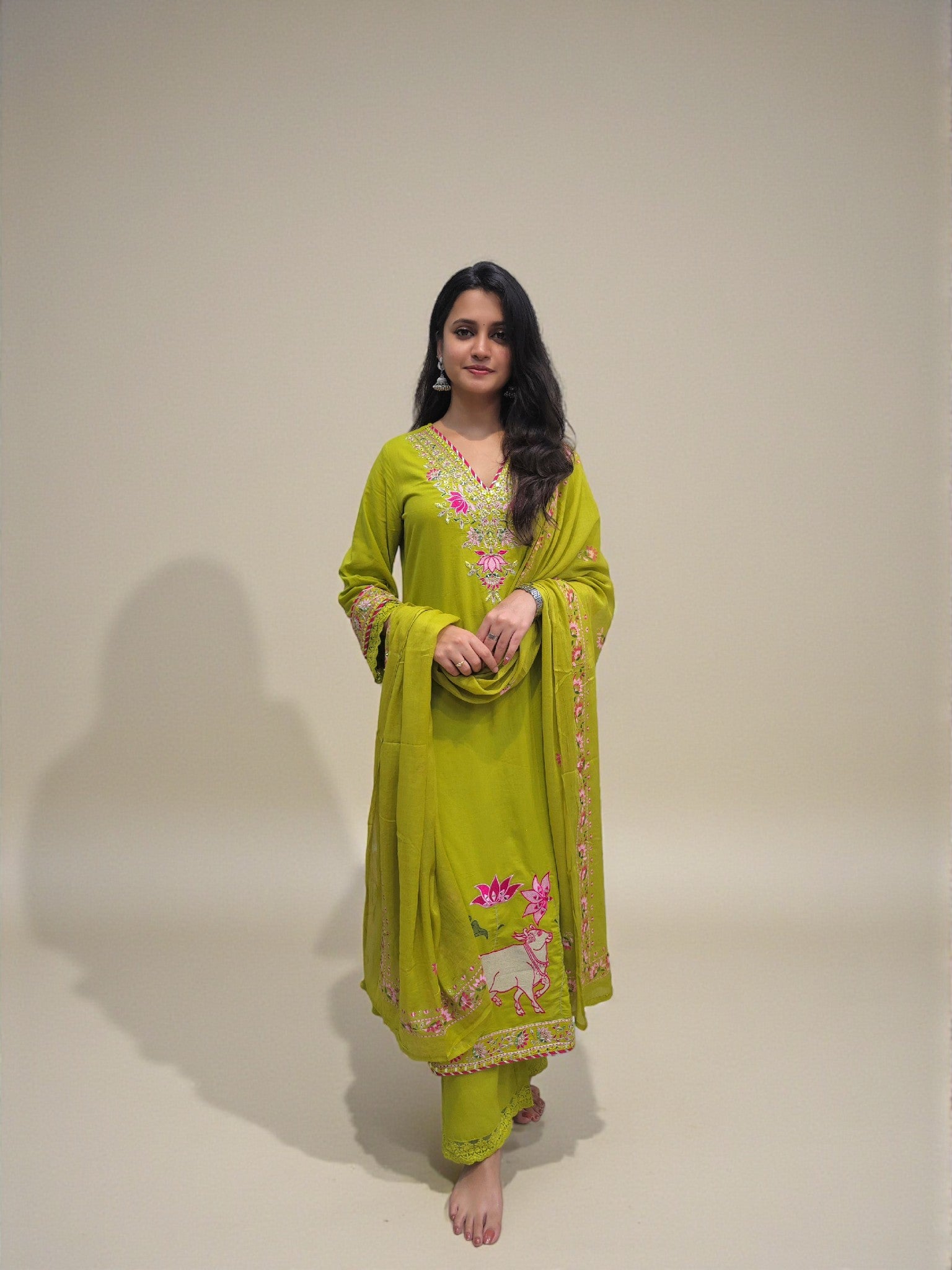 Fancy cotton kurta set for women with embroidered neckline and dupatta
