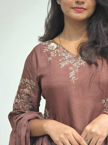 Festive wear brown embroidered kurta palazzo set for women