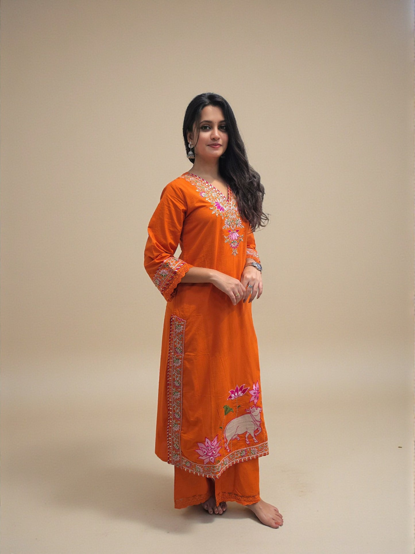 Festive wear fancy cotton kurta set in rust orange shade for women