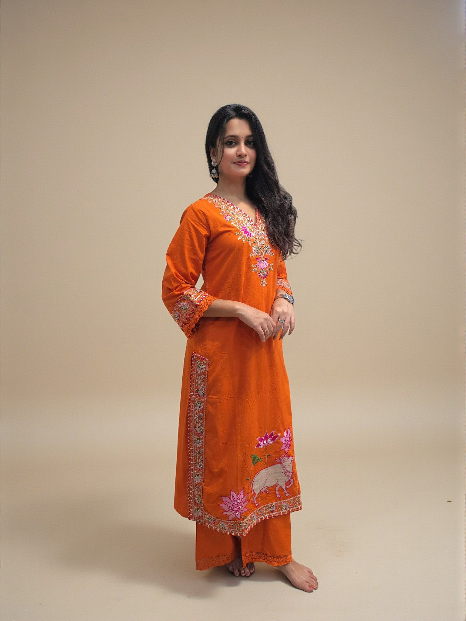 Festive wear fancy cotton kurta set in rust orange shade for women