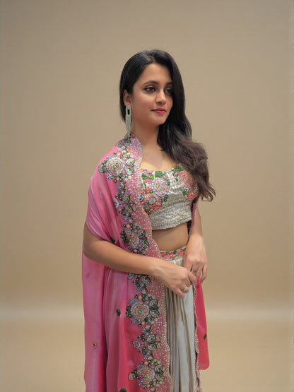 Festive wear crop top dhoti skirt with embellished shrug