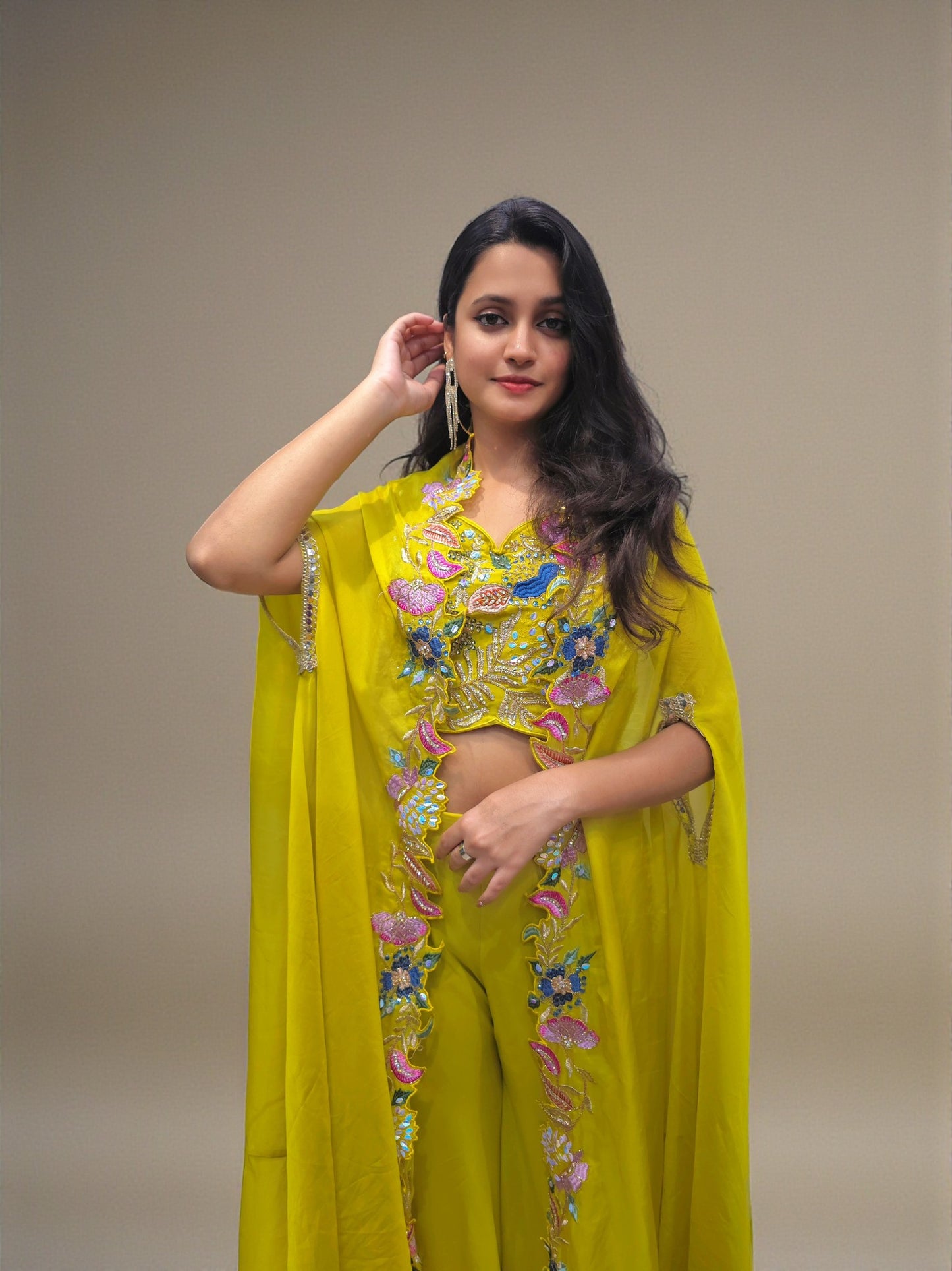 Festive crop top palazzo paired with flowy shrug for haldi ceremony