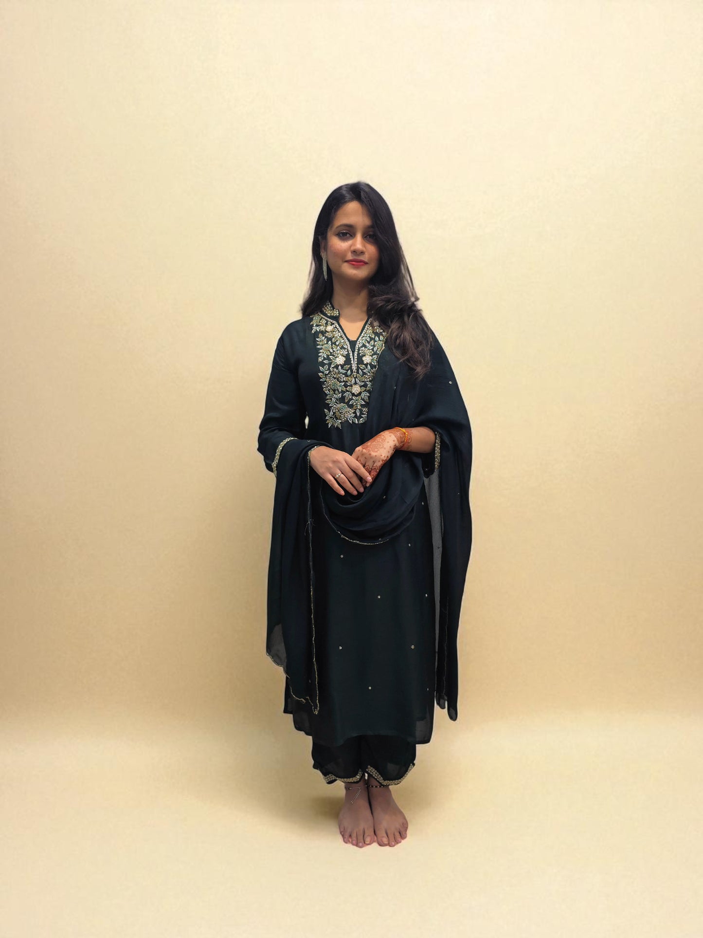 Festive wear dark green embroidered kurti set for weddings and parties