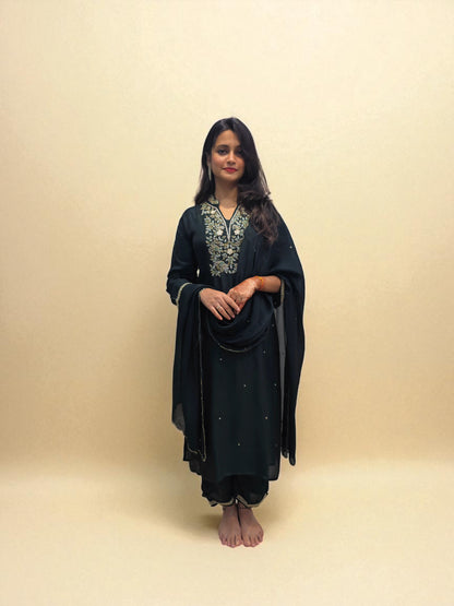 Festive wear dark green embroidered kurti set for weddings and parties