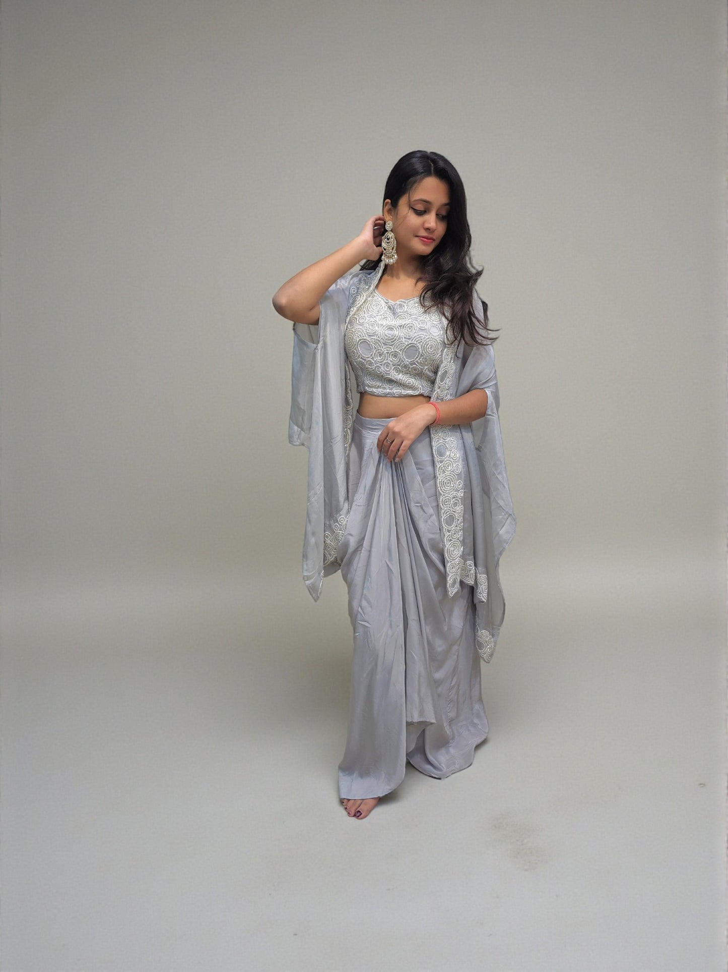 Festive grey indo-western dress with crop top and draped dhoti skirt