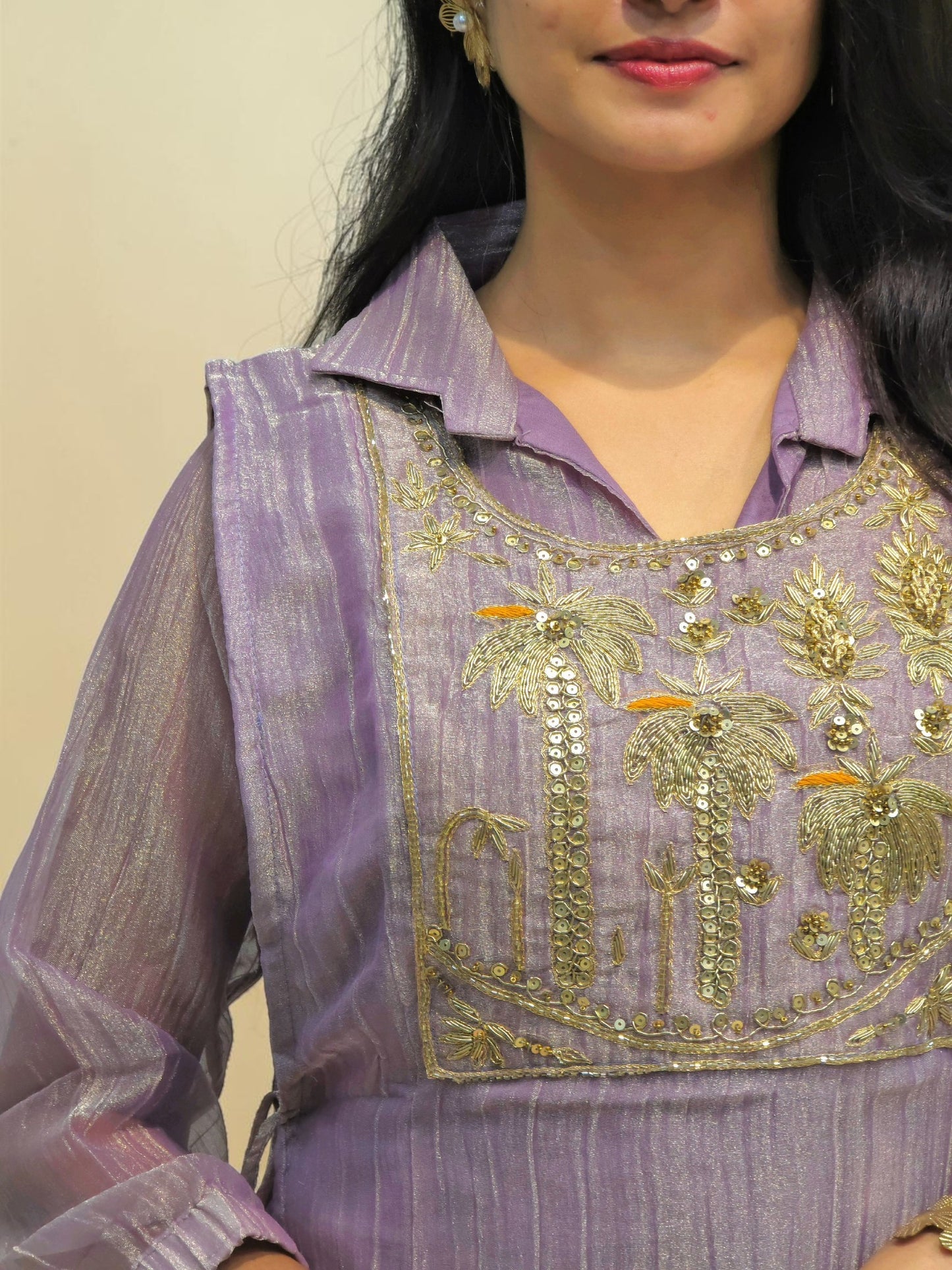 Elegant lavender glass tissue ethnic co-ord set for party wear