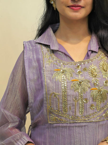 Elegant lavender glass tissue ethnic co-ord set for party wear