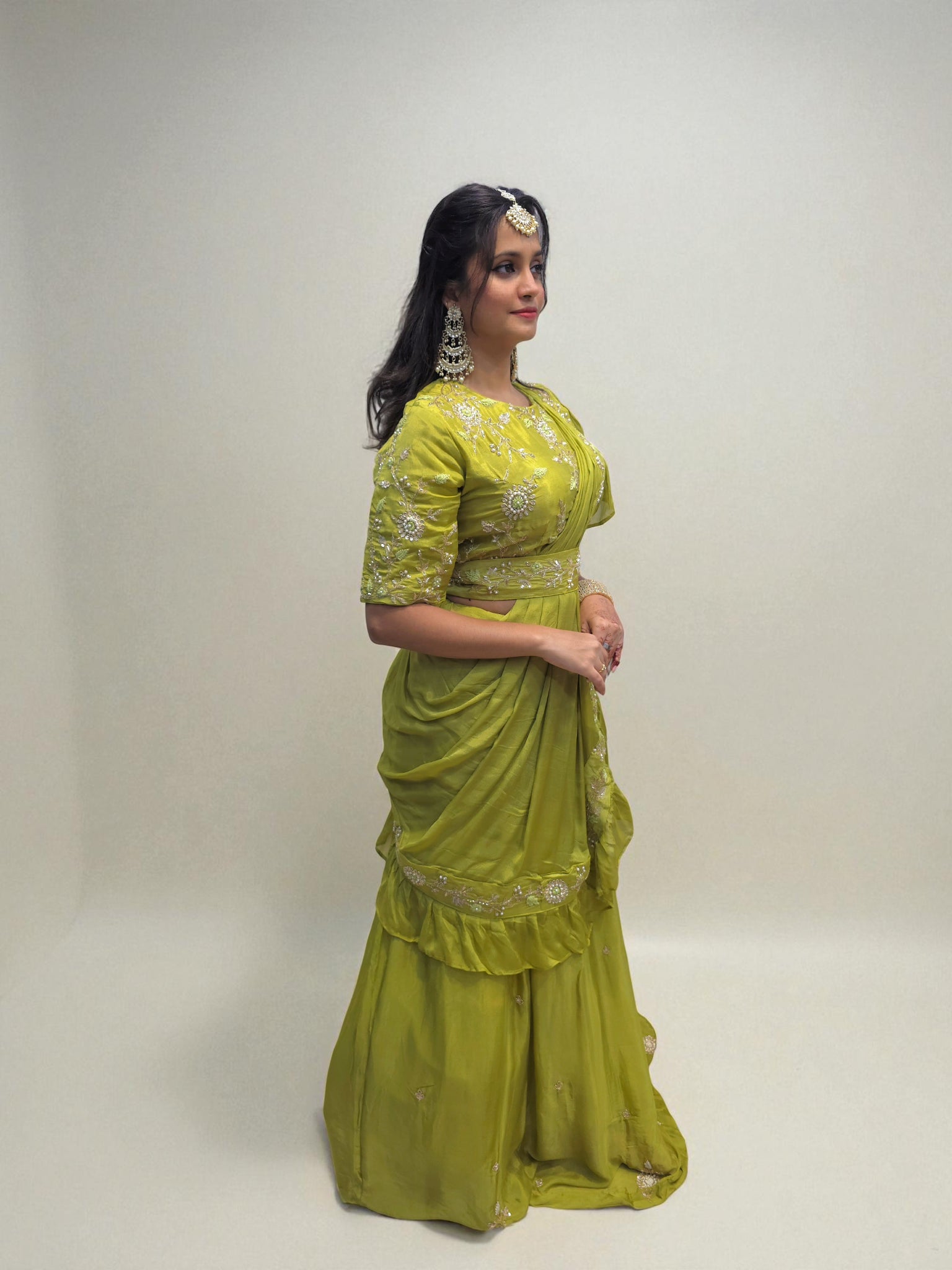 Festive wear lime green skirt set with intricate hand embroidery