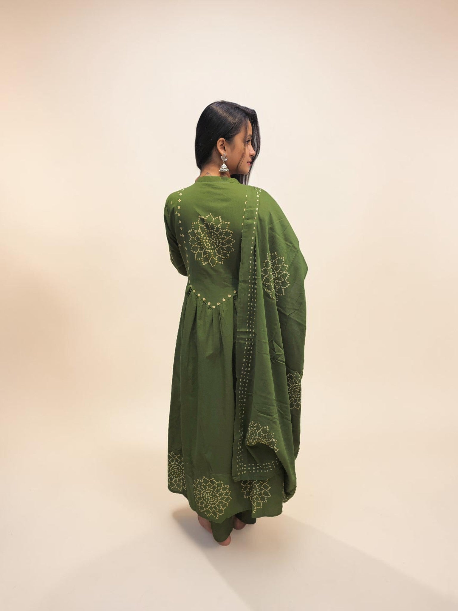 Olive green cotton ethnic suit set with Bandhani-inspired motifs