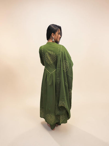 Olive green cotton ethnic suit set with Bandhani-inspired motifs