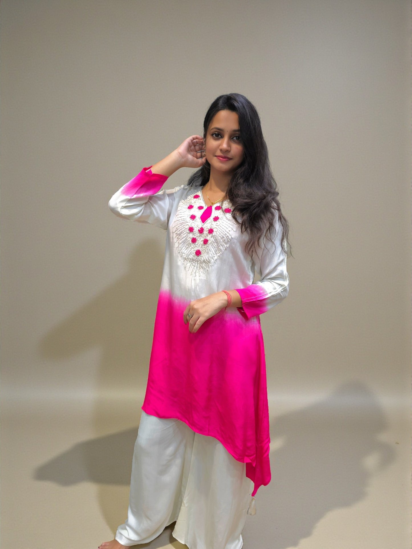 Festive wear ombre white and pink hand embroidered kurta palazzo set