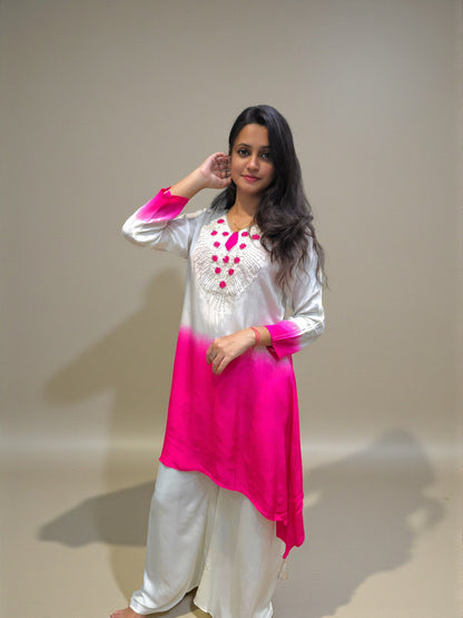 Festive wear ombre white and pink hand embroidered kurta palazzo set