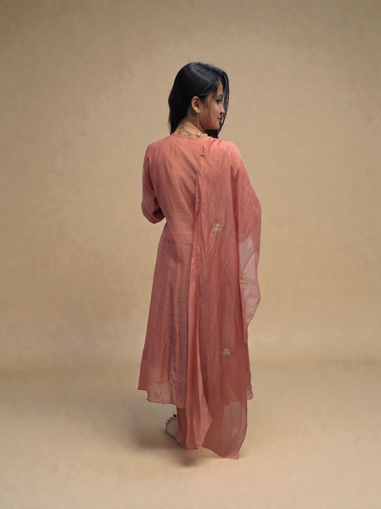 Festive wear peach mul chanderi suit with floral embroidery