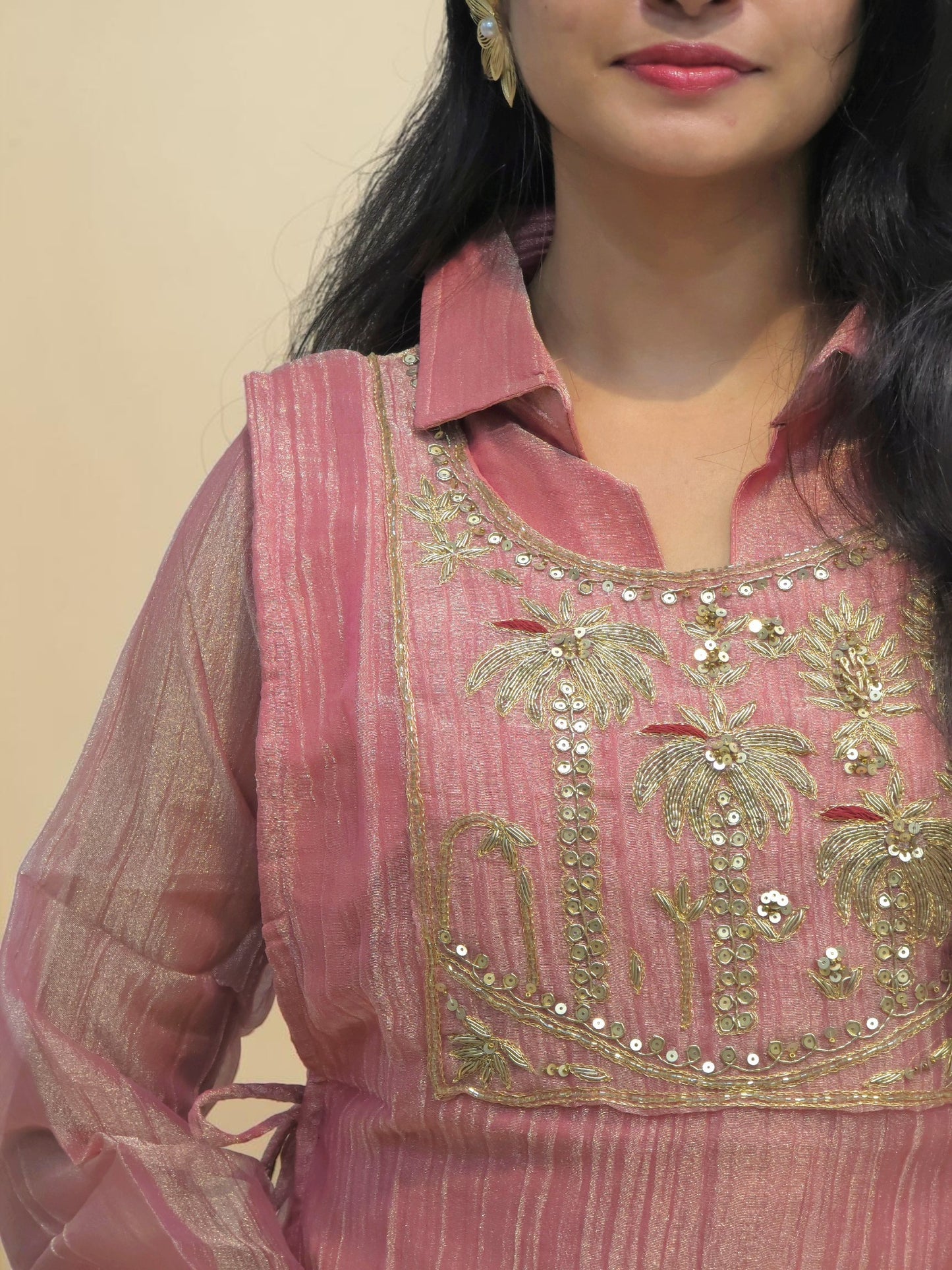 Women's pink embroidered glass tissue co-ord set for party wear