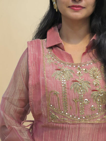 Women's pink embroidered glass tissue co-ord set for party wear