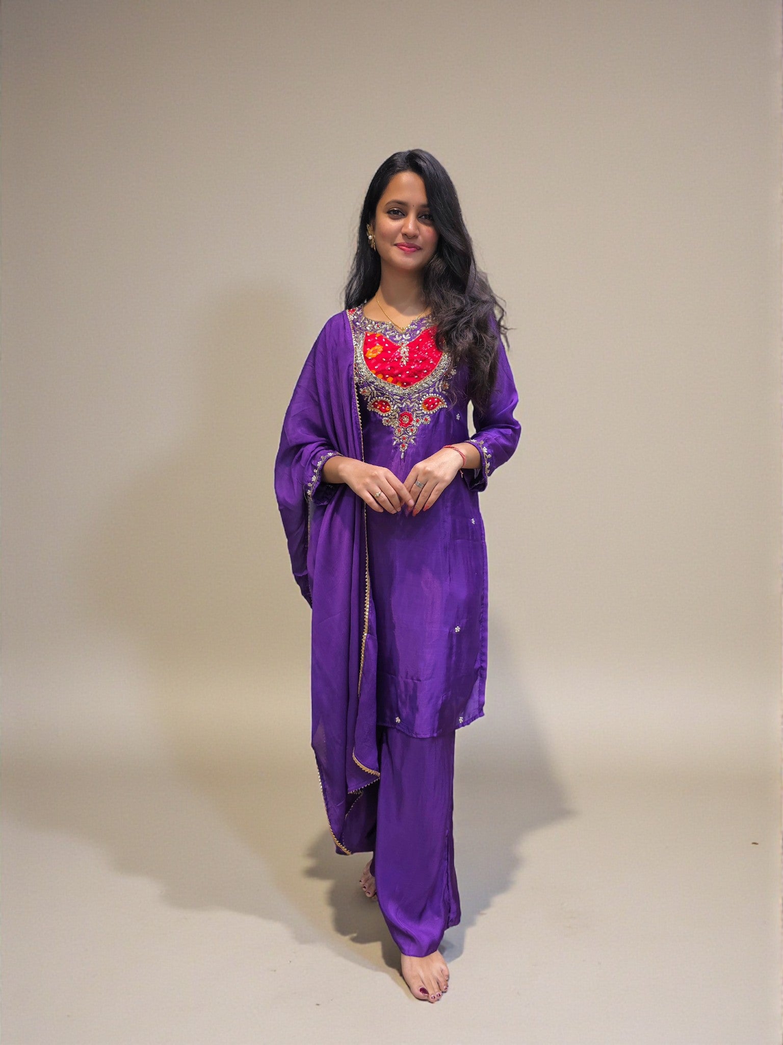 Festive wear purple handwork kurta palazzo ethnic set