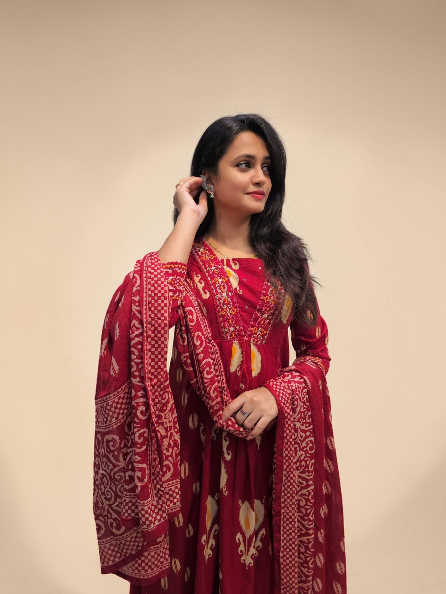 Traditional printed embroidered cotton kurta set with dupatta