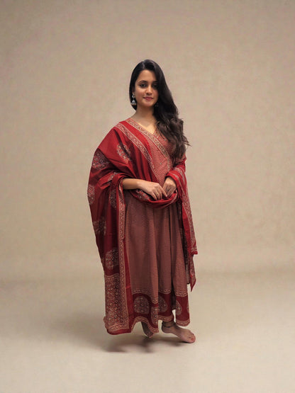 Rust printed ethnic anarkali suit for women