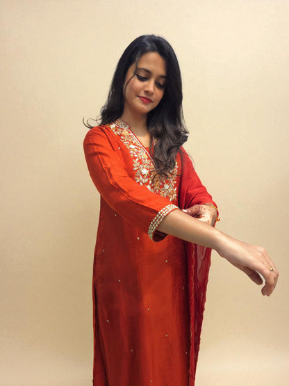 Festive wear rust orange embroidered kurti and pant set