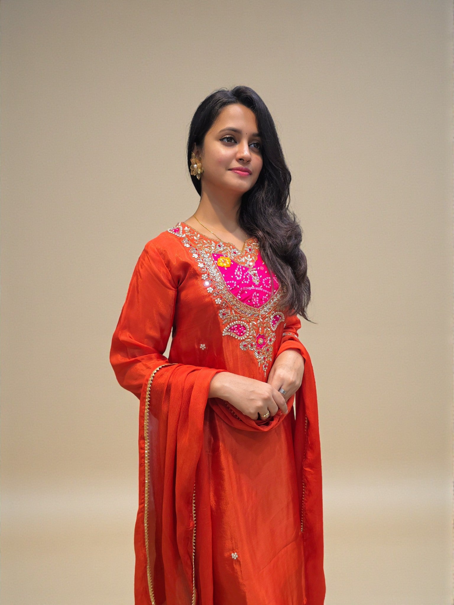 Festive wear rust orange handwork kurta palazzo ethnic set