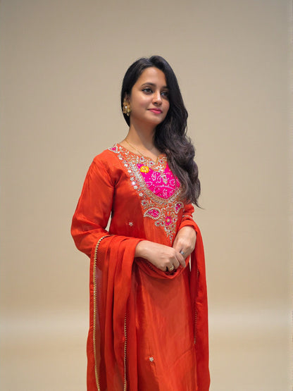 Festive wear rust orange handwork kurta palazzo ethnic set