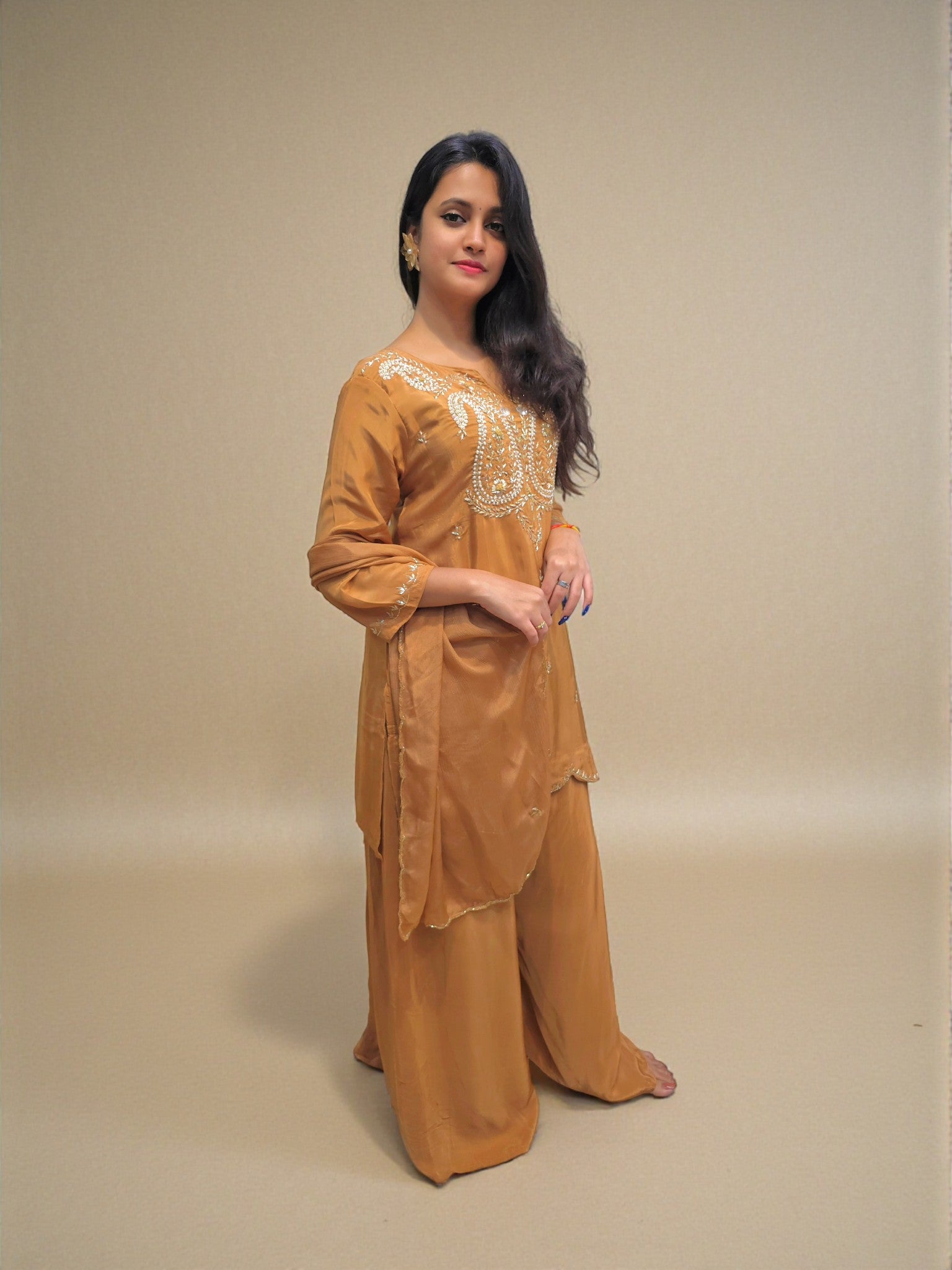 Rust orange festive kurta palazzo suit for women