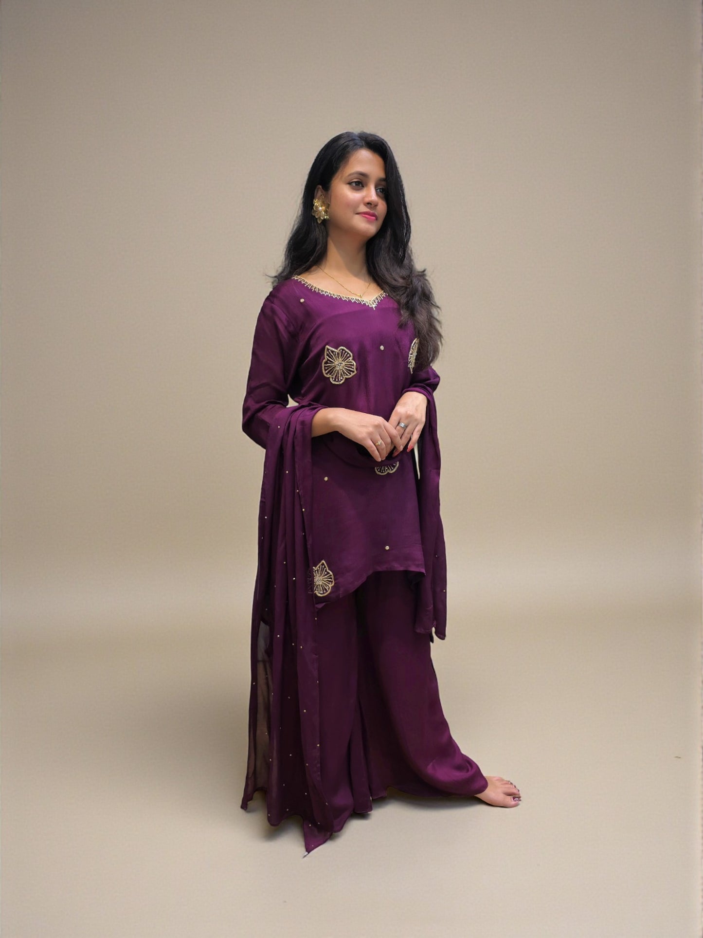 Festive wear pure chinnon kurta palazzo set in rich wine shade