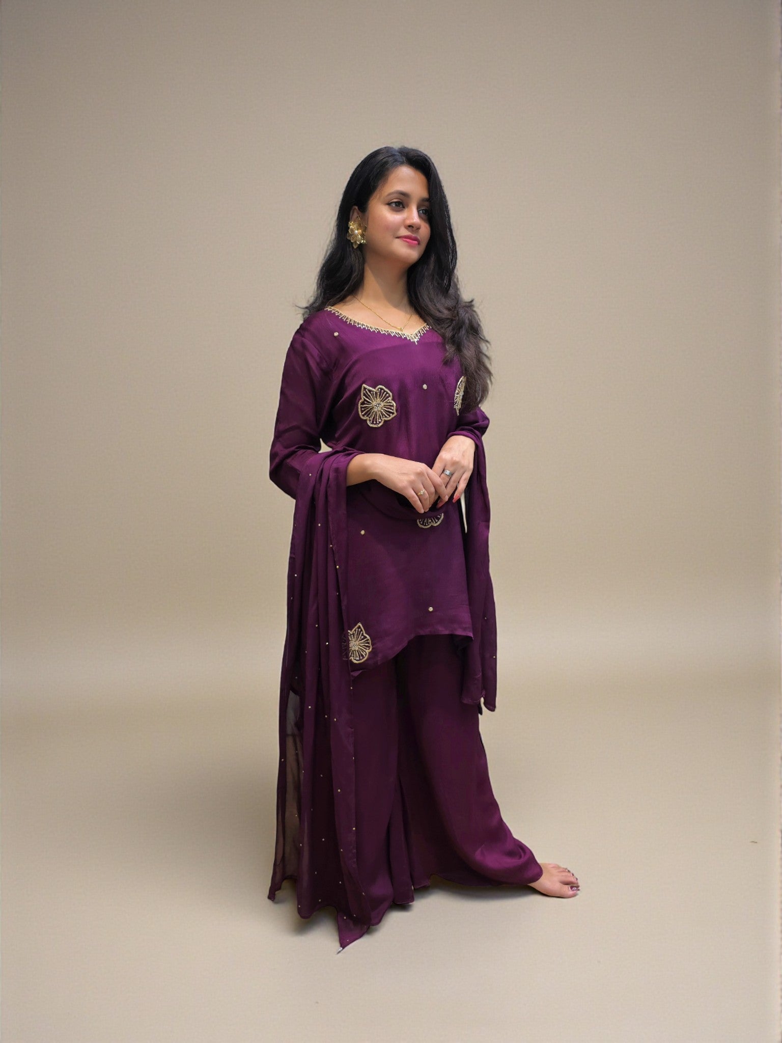 Festive wear pure chinnon kurta palazzo set in rich wine shade