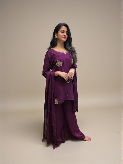 Festive wear pure chinnon kurta palazzo set in rich wine shade