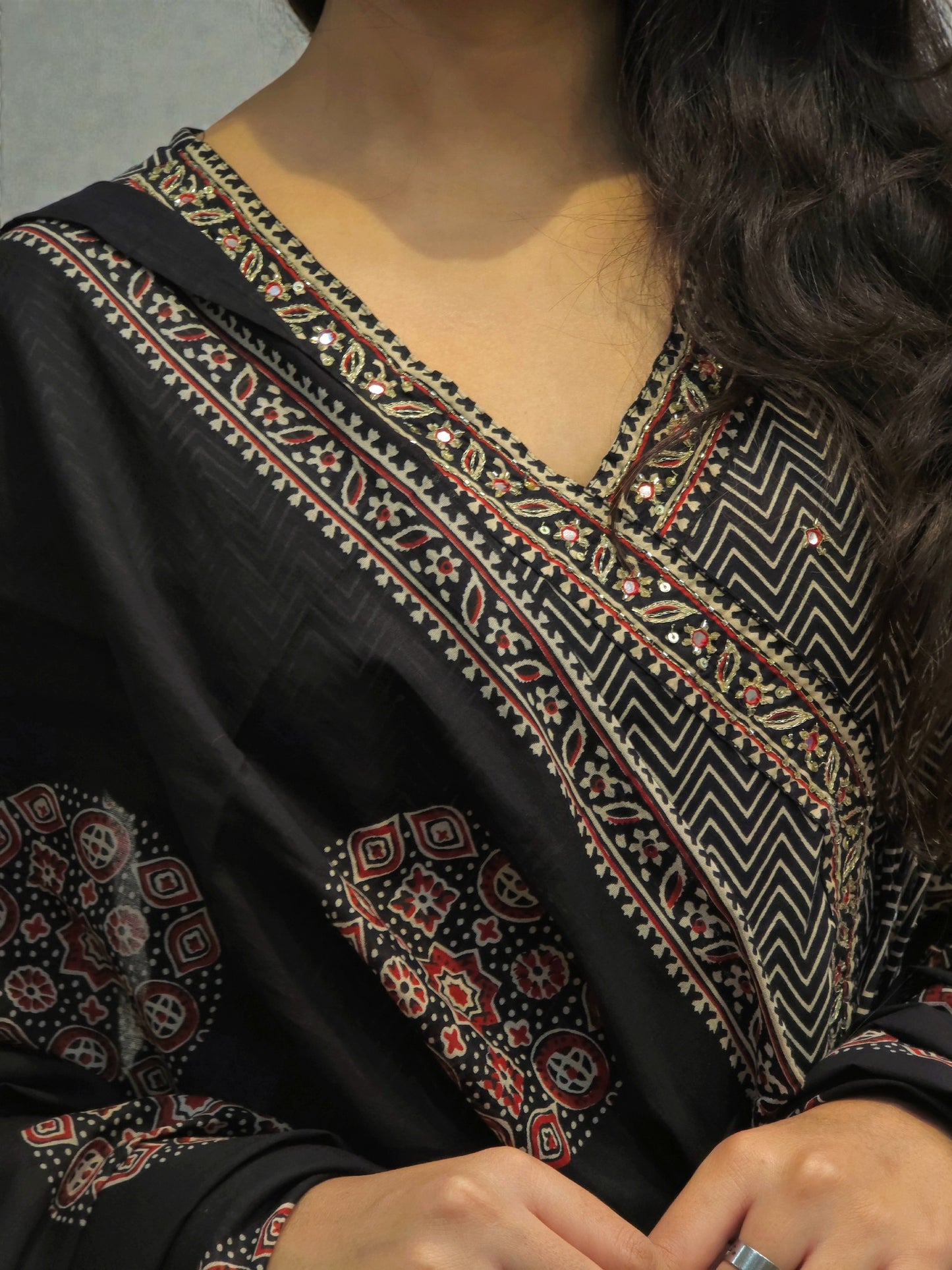 Elegant black anarkali kurta set with ethnic prints