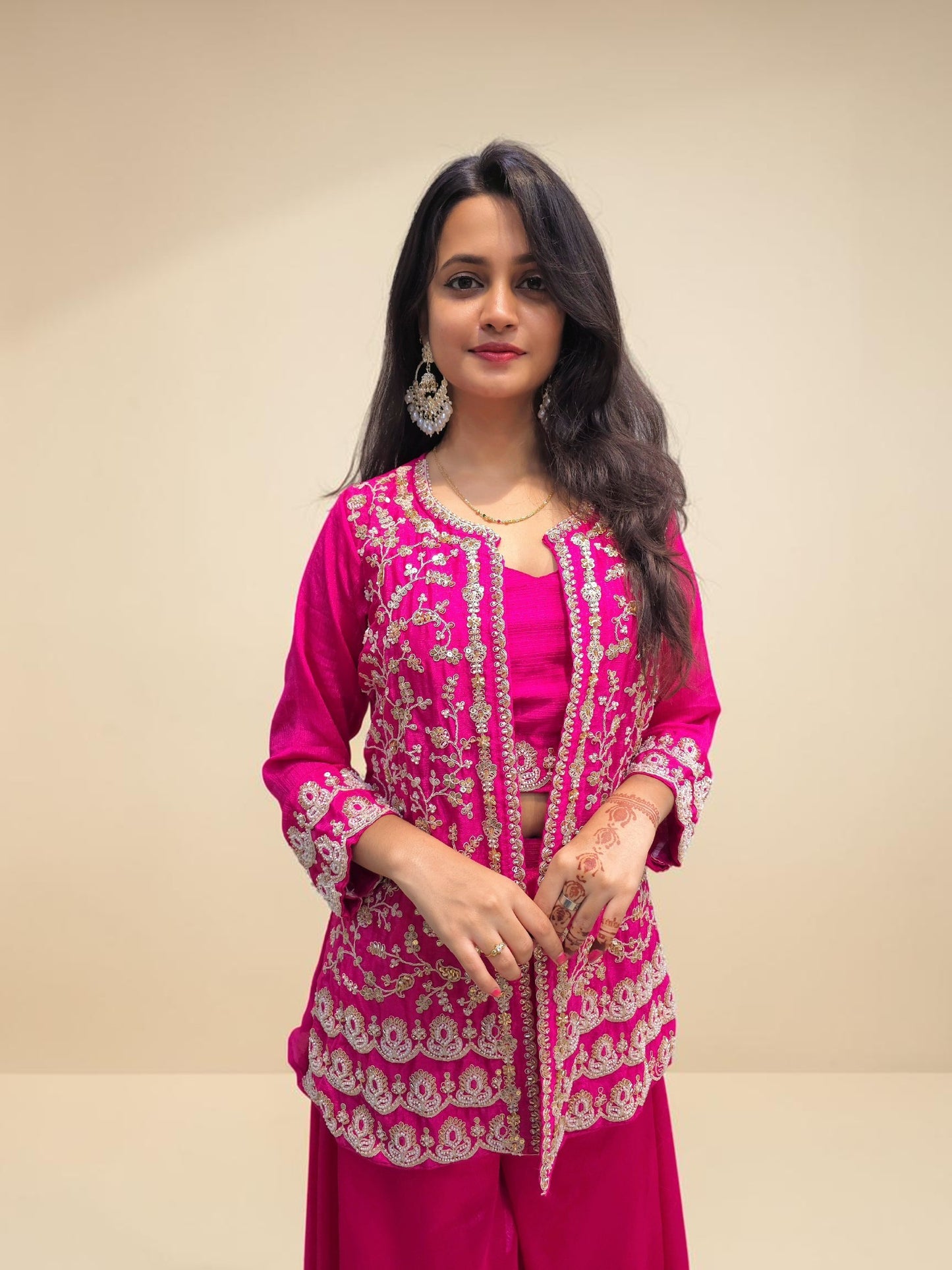 Festive pink crop top palazzo set with jacket
