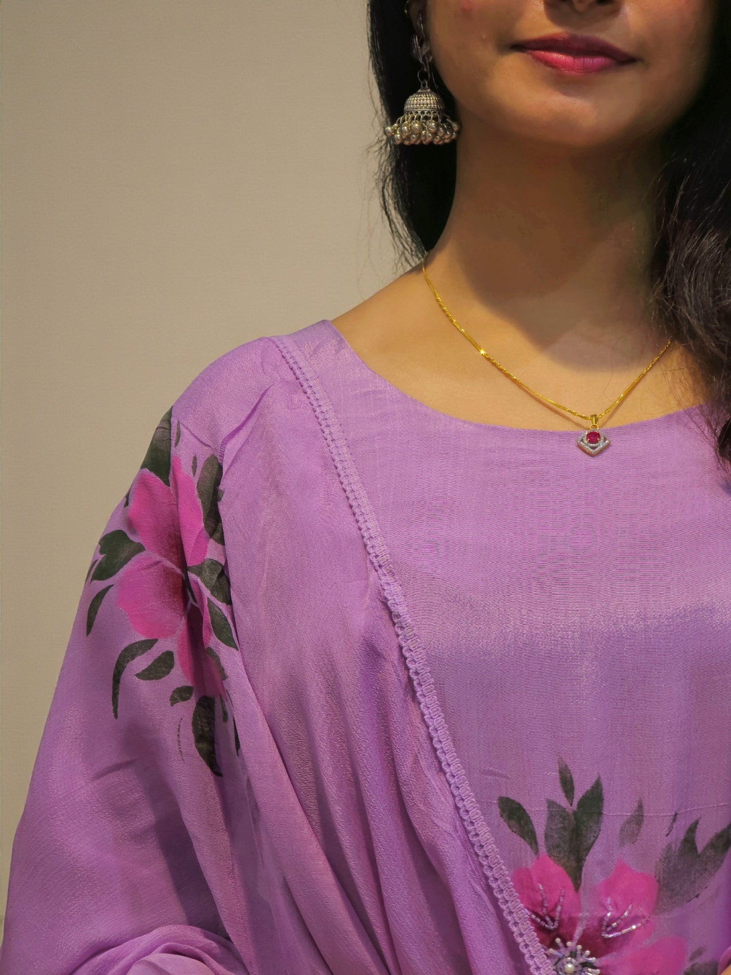 Festive wear pure chinnon handwork A-line kurta set for special occasions