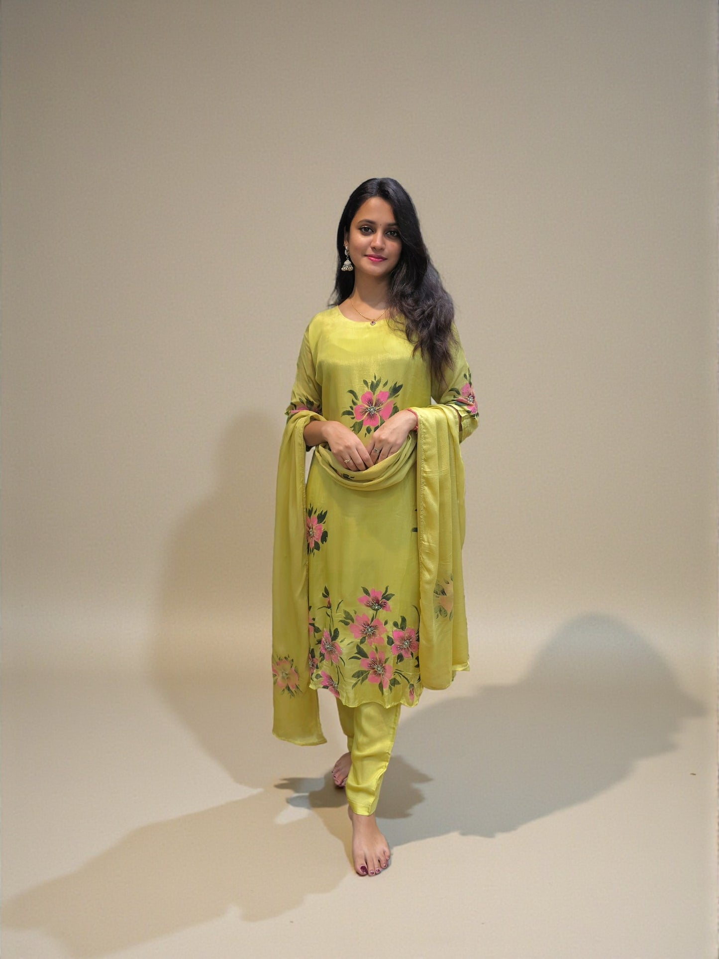 Festive wear pure chinnon handwork A-line kurta set for women