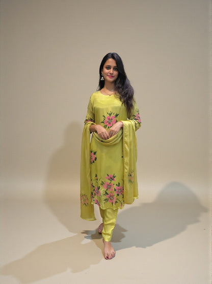 Festive wear pure chinnon handwork A-line kurta set for women