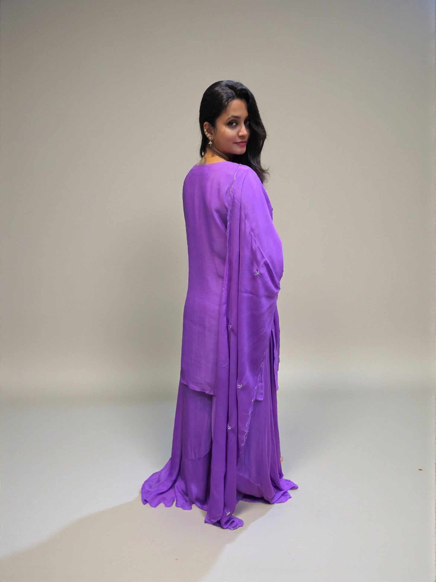 Lightweight pure chinnon embroidered kurta palazzo in purple