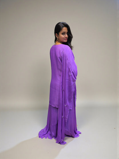 Lightweight pure chinnon embroidered kurta palazzo in purple