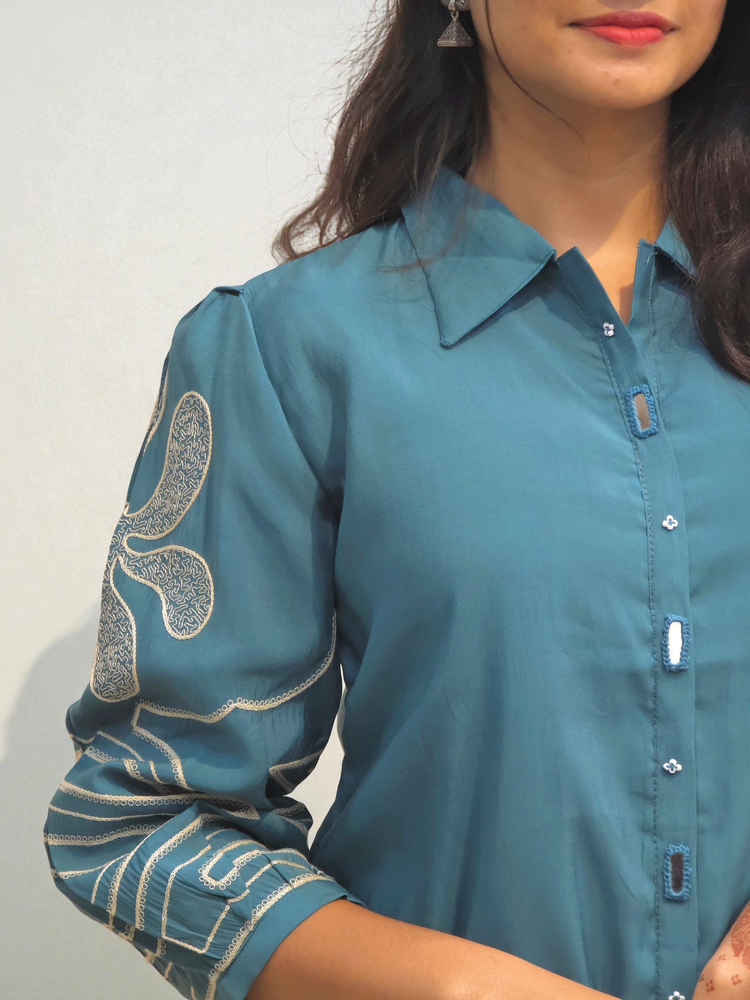 Premium teal blue co-ord set for women with ethnic embroidery – Ambika Boutique fashion
