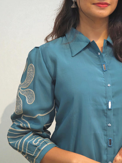 Premium teal blue co-ord set for women with ethnic embroidery – Ambika Boutique fashion
